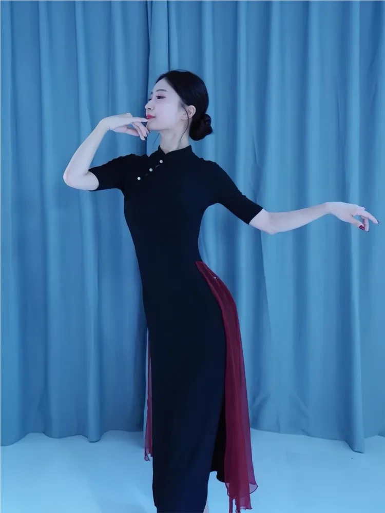 The classical dance elastic new Chinese-style body rhythm cheongsam can be worn daily as an adult knitted Chinese practice suit