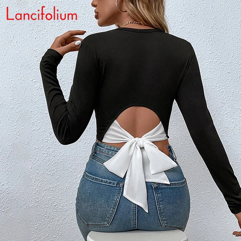 

Spring Fall Women 2024 Black Tee Corset Crop Top Long Sleeve Contrast Patchwork Tshirts Back Hollow Out Bow Bandage Chic T Shirt