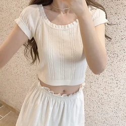 Cute Knitted Tops Tee Women Summer Puff Sleeve O-Neck White Tshirts for Sweet Girls Kawaii Clothes