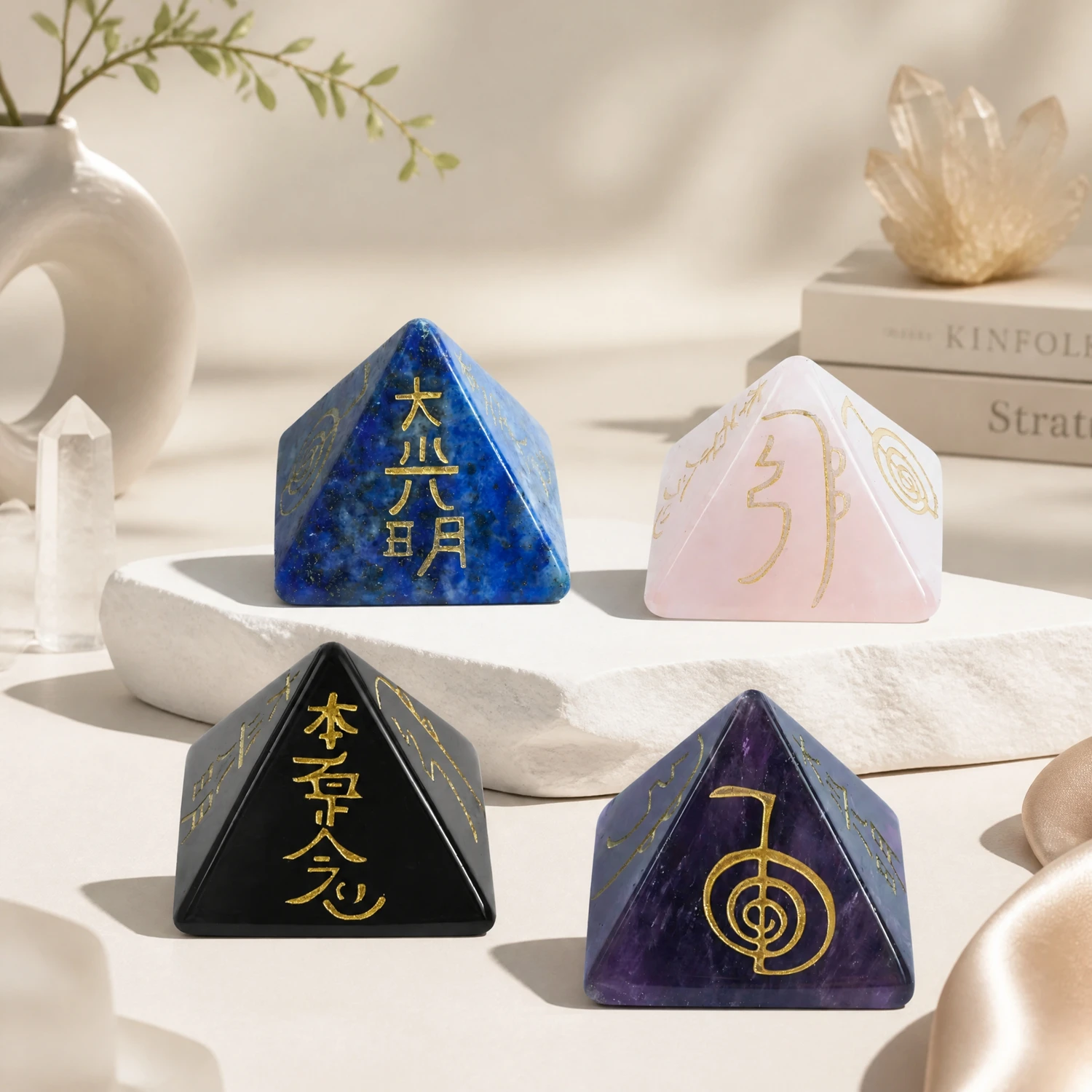 Natural Stone Reiki Symbol Pyramid Ornament Engraved Japan 4 Element Rune Piramide Decor Heal Crystal Energy Stone Yoga Jewelry