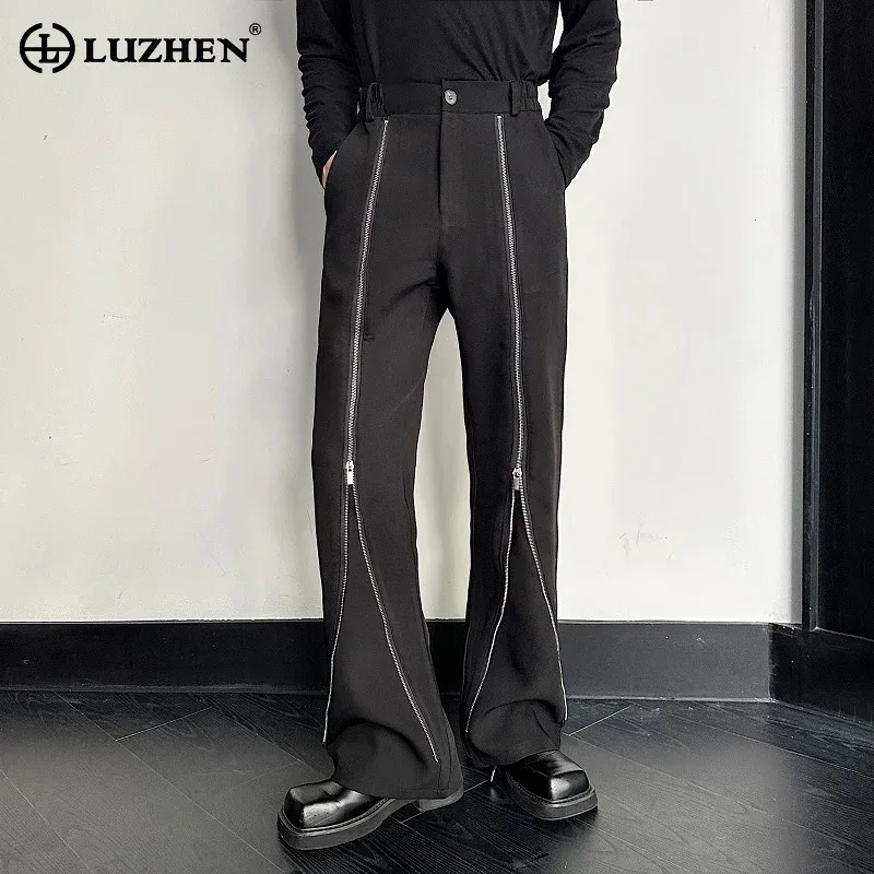 LUZHEN Niche pantalones divididos con cremallera para hombre, pantalones de traje de pierna recta de primavera 2025, elegancia personalizada, ropa informal Social LZ6329