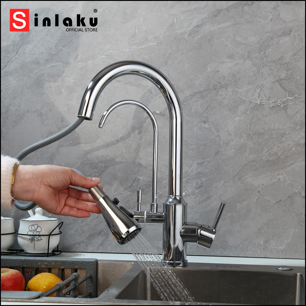 

SINLAKU Kitchen Water Purifier Faucet Deck Mounted Chrome Dual Spout Rainfall Pull Out With Swivel Hot & Cold Water Mixer Tap