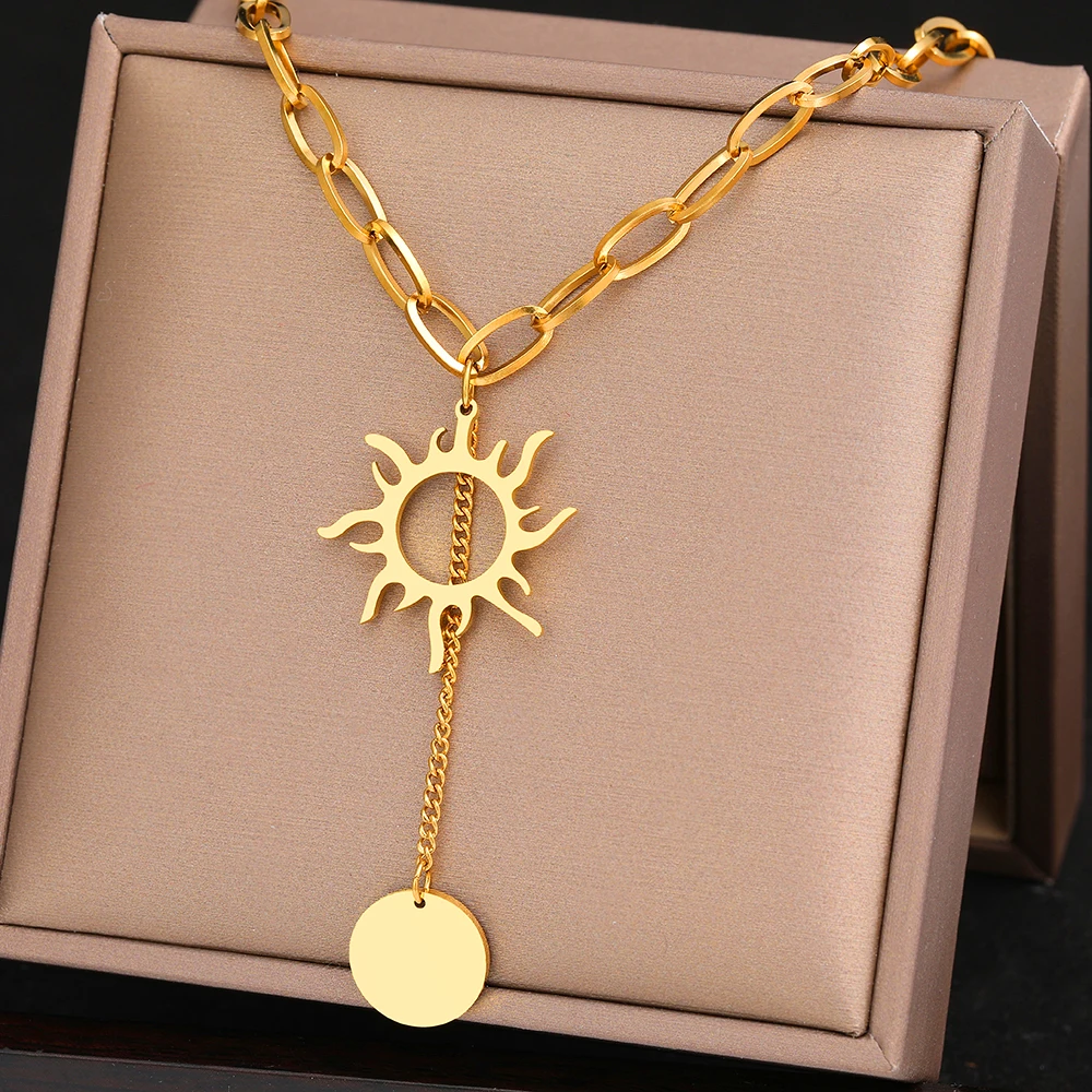 Stainless Steel Necklaces Delicate Sun Totem Geometric Round Tassel Pendants Goth Punk Chains Fashion Necklace For Women Jewelry