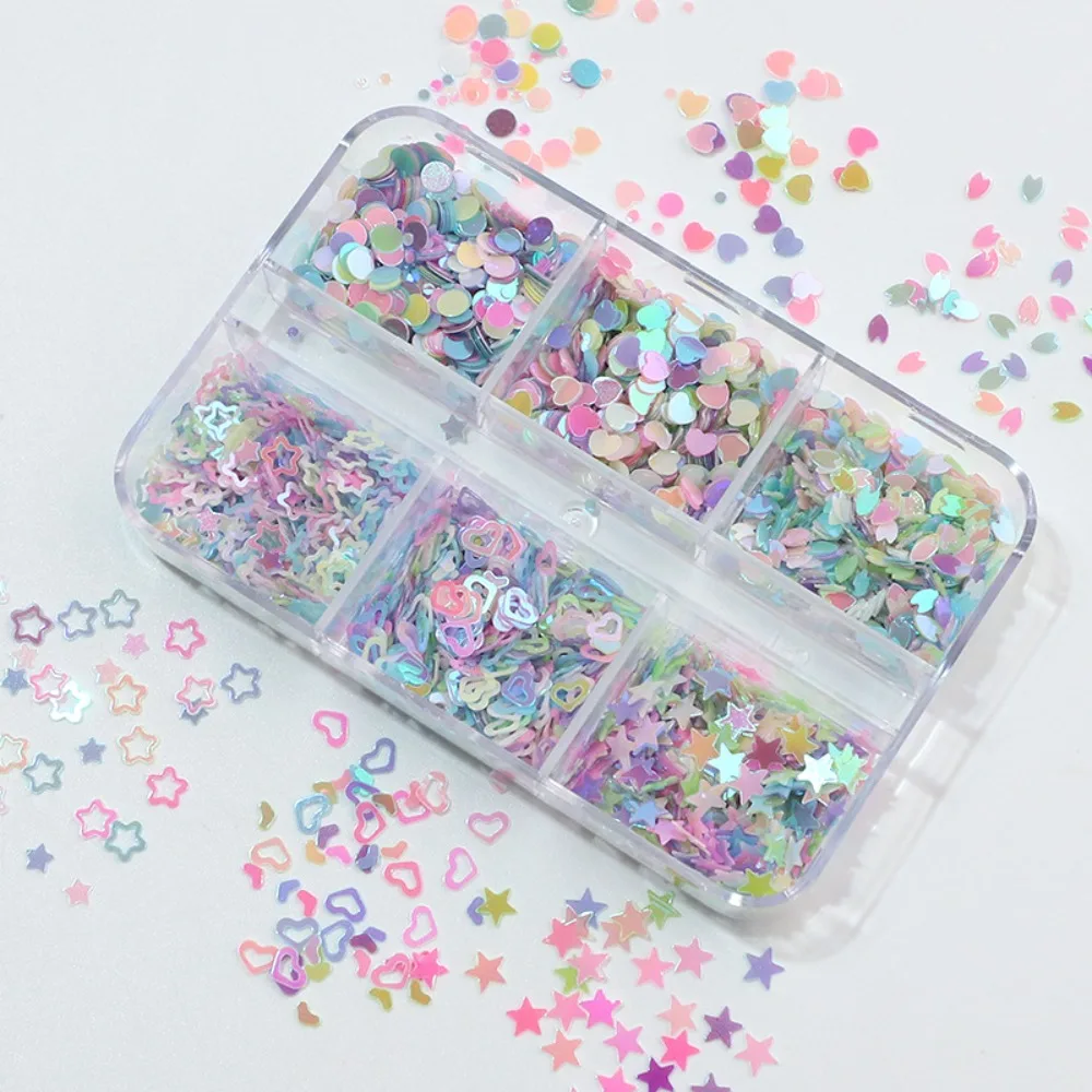 6 grades/conjunto prego glitter lantejoulas flor brilhante borboleta coração prego glitter decalques para meninas diy manicure decoração da arte do prego