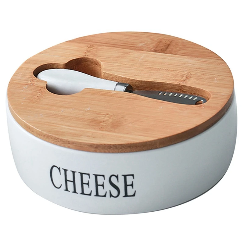 Cheese Sealing Box Ceramic Butter Plate Cheese Storage Tray Container Box + Lid And Knives Set