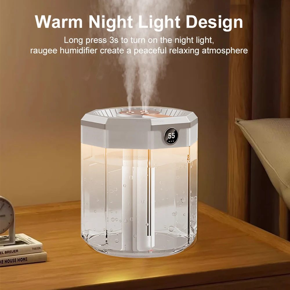 مرطب هواء بسعة كبيرة 2 لتر لغرفة النوم، موزع زيت أساسي USB، ثلاثة منافذ رذاذ للمنزل مع ضوء ليلي
