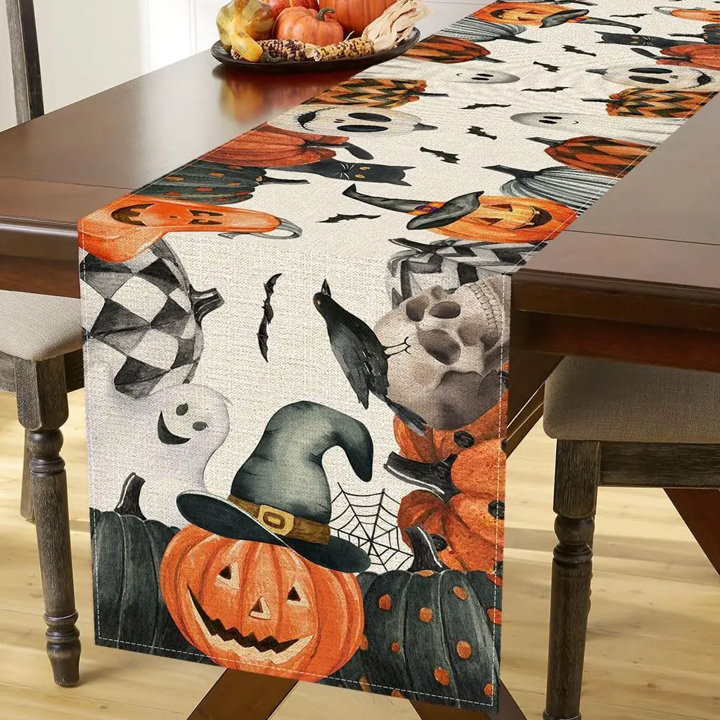 Halloween Pumpkin Ghost Black Cat Bats Linen Table Runner Dresser Scarf Reusable Kitchen Table Runner Halloween Decorations