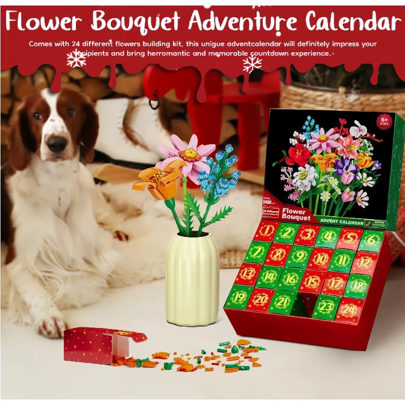

Рождественский букет цветов обратного отсчета, строительные блоки, 24-дневный адвент-календарь, сюрприз, слепая коробка для детей и взрослых, праздничный подарок «сделай сам»