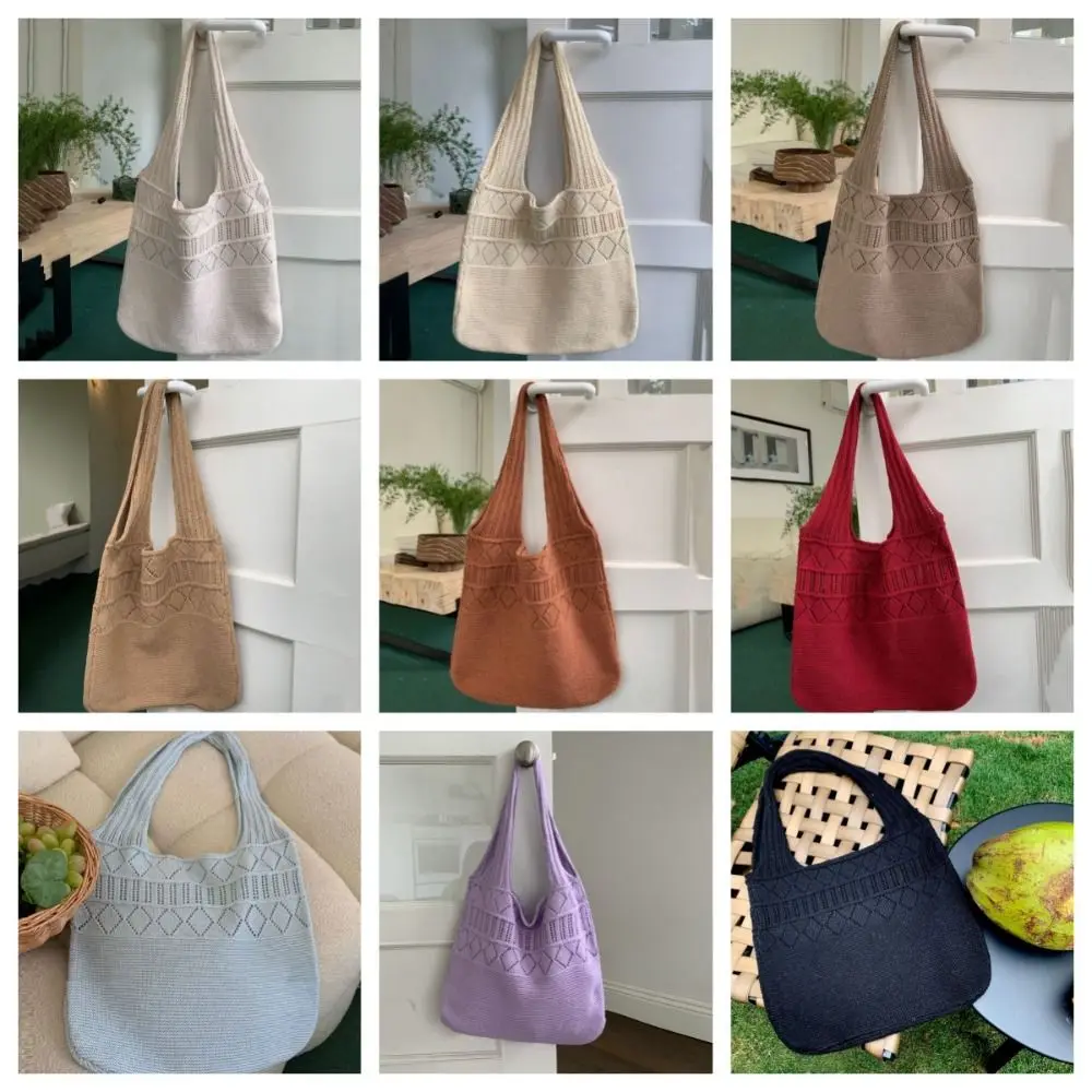 Tas rajut sederhana warna Solid, tas belanja warna Solid, tas Tote rajut, tas penyimpanan, tas bahu cinta kapasitas besar, tas luar ruangan