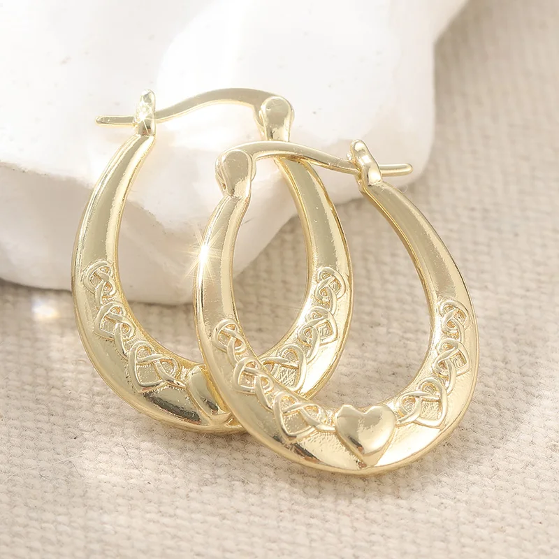 Classic Hand Carved Geometry Heart Hoops Women's Earrings Golden Color Metal Daily Wear Party Jewelry Anniversary Gif