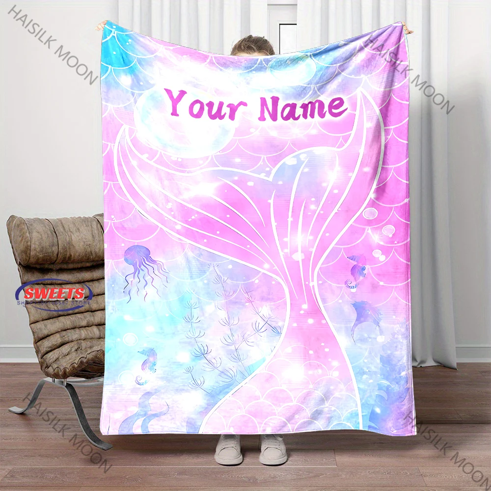 

Personalized Custom Name Blanket Mermaid Tail Printed for Home Travel Camping Sofa Bedding Cover Blanket Gift for Daughter Wife