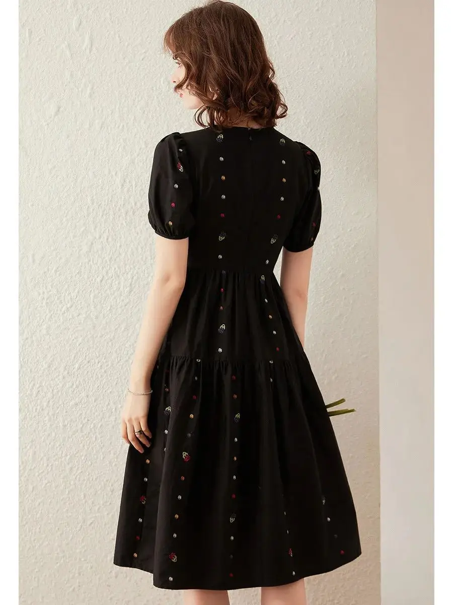 LOUIS YAO Women Dress 2024 Summer New Colorful Embroidery Round Neck Short Sleeve Puff Sleeve Waist Knee-lenght Black Dress