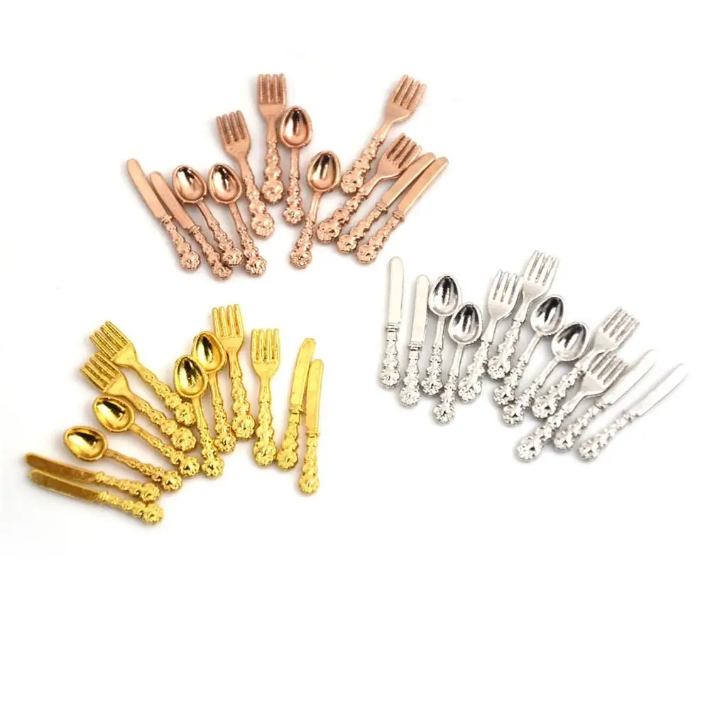 12PCS Toy Metal Kitchen Dollhouse Furniture Simulation Mini Cutlery Miniature Cookware Fork Knife Spoon Doll Accessory