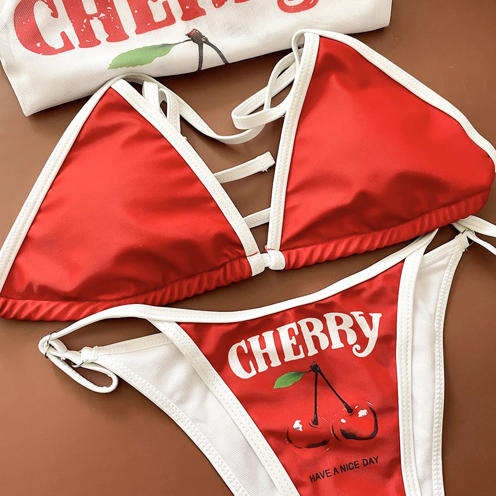 

Сексуальные купальники-бикини с принтом фруктов, 3 предмета, с принтом вишни, сетчатые, с короткими рукавами, микро-миниатюрные, милые, с завязками на шее, 2026