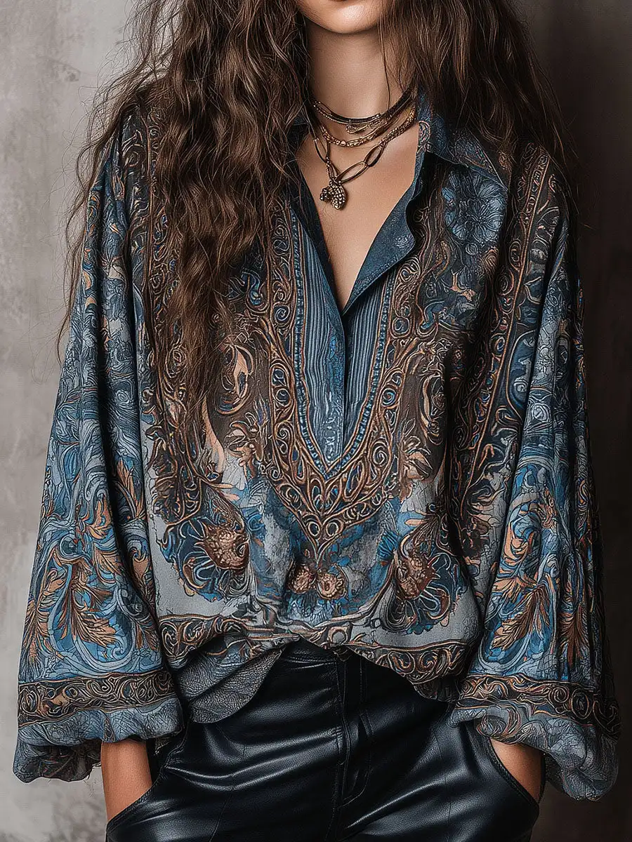

Women Paisley Print Blouse Loose Retro Blue Lapel Collar Long Sleeve Basic Shirts Casual Beach Bohemian Tops blusas femmes