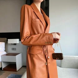 Jaqueta de couro real feminina moda coreana cinto laranja casaco de couro feminino jaqueta de couro real roupas femininas trench coat fcy1930