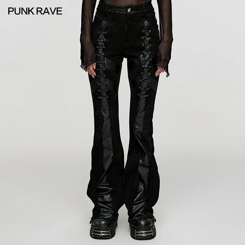 

PUNK RAVE Women's Punk Dark Eyelet Drawstrings Flared Pants Gothic Personalized Leather Black Trousers Autumn/winter