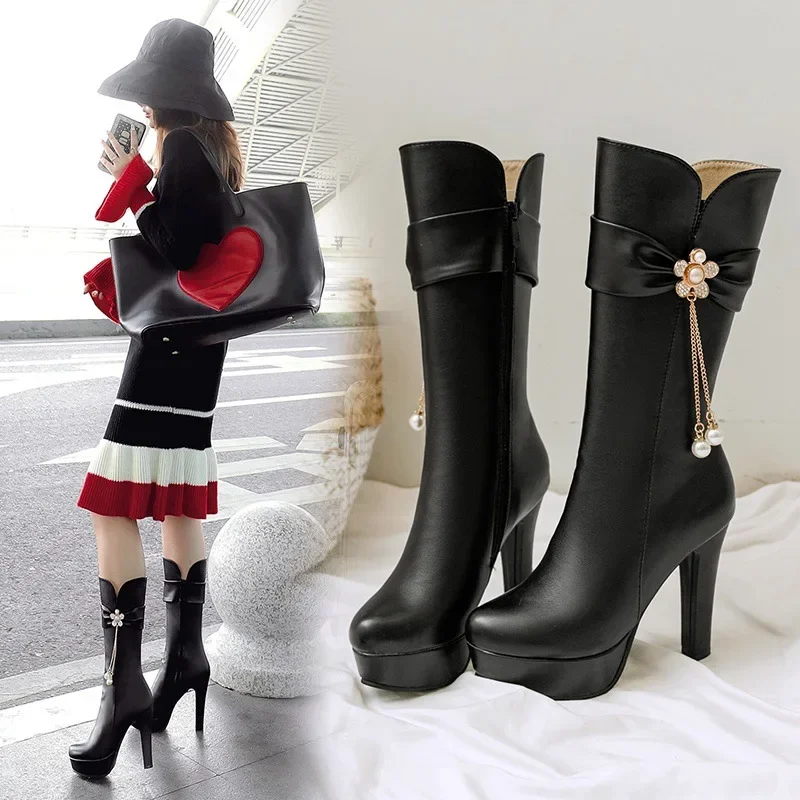 Fashion Bottes Femmes Women Fashion Plus Size 34 To 43 High Heel Boots Lady Casual High Quality Long Boots Autumn Boots