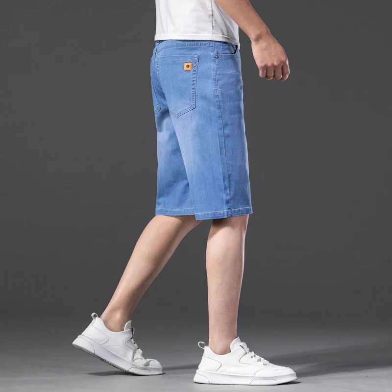 Shorts jeans Lyocell-Blend de algodão masculino, calça reta, elasticidade, jeans curtos finos no joelho, moda verão, mais tamanhos, 42, 44, 46