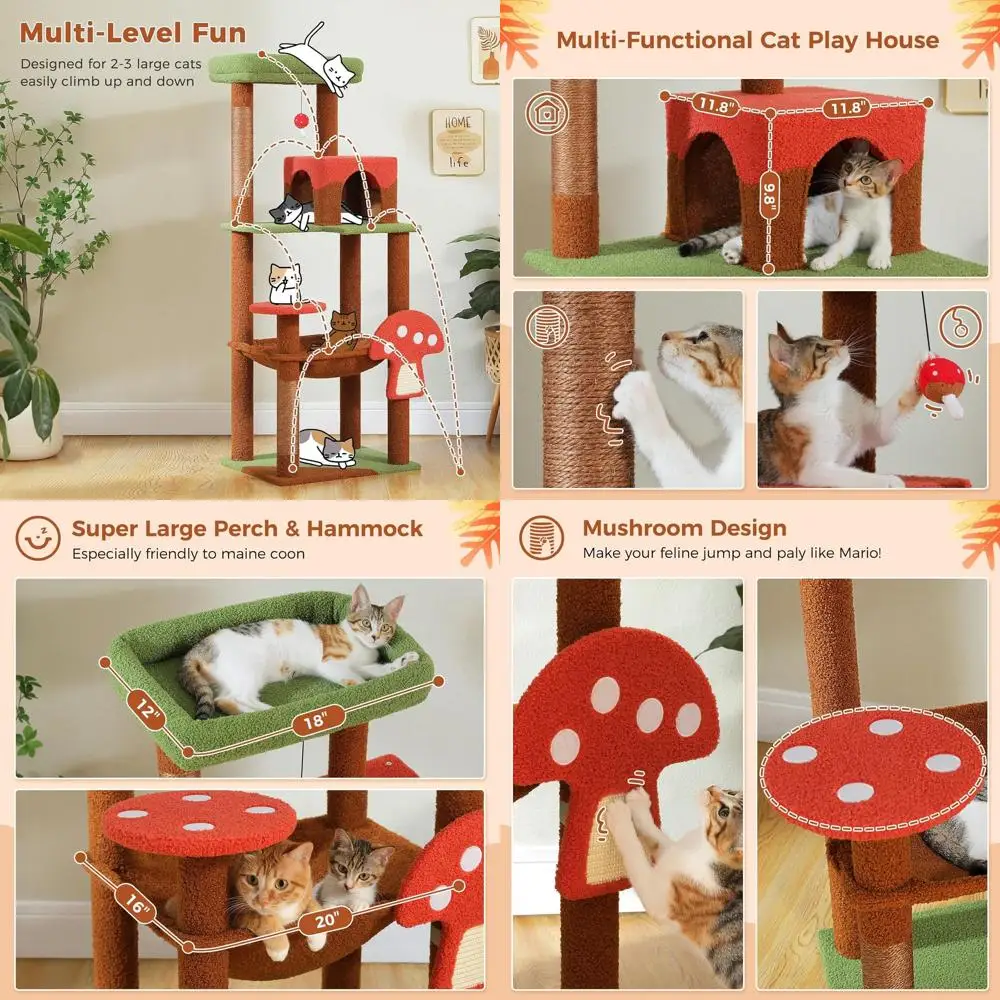 

56.3 Extra Large Mushroom-Themed Cat Tree with Scratching Board, Condo, Hammock, and Plush Perches, Brown