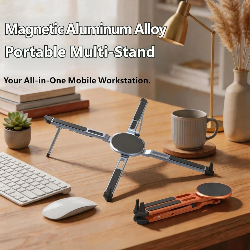 Portable Cooling Stand for Tablet Laptop Phone, Aluminium Alloy Magnetic Phone Holder, Foldable Desk Stand with Heat Dissipation