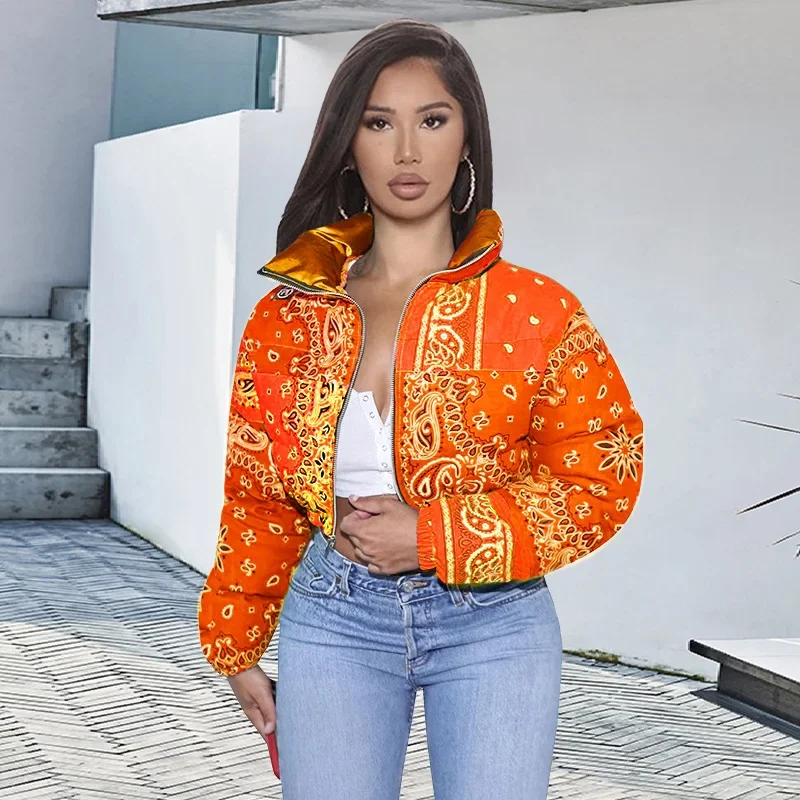 

Bandana 2028 Coat Casual Printed Bubble Jacket Women Winter Long Sleeve Zip Down Coat Outfit Warm Puffer Parks Coat Overcoat
