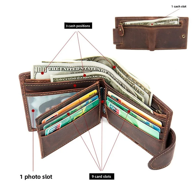 Best-selling Wild Horse Leather Wallet - Short Style Genuine Leather Men's Snap Money Clip Multi-Slot Top Grain Cowhide Handbag