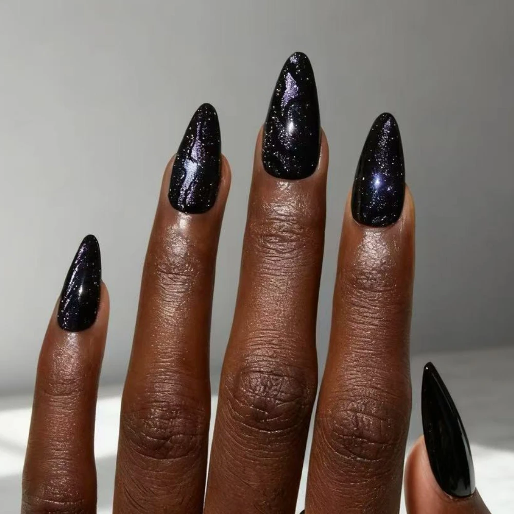 

Sparkling Purple Cat Eye Black Irregular Lines Nail Art Dark Wearable Fake Nails Detachable Finished False Nails Press on Nails