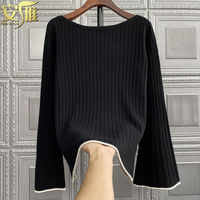 Anyan 2024 Spring New One Word Neck Women's Hoodie Long Sleeve Sweater Loose Black Knitted Bottom Shirt Top for Women