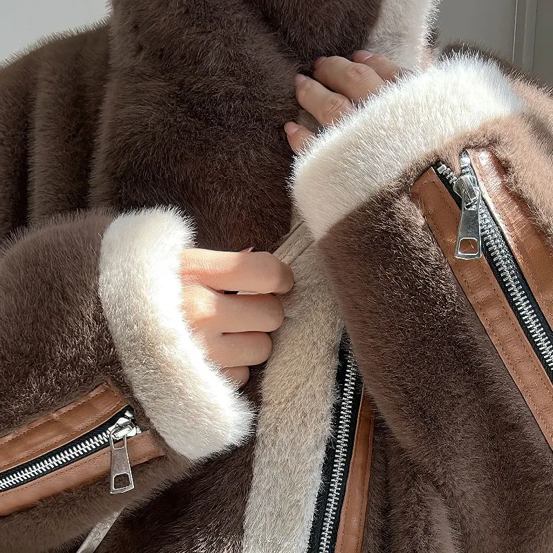 RONG NI 2024 New Faux Fur Coat For Women With Real Faux Fur Warm Winter Short Fashion Real Leather Jacket For Women