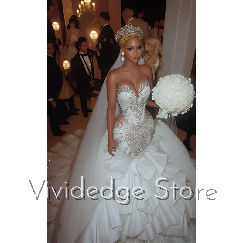 Customized White Gorgeous Sweetheart Neck Bridal Gowns Beaded Lace Strapless Fishtail Pleated Floor Length Wedding Dresses