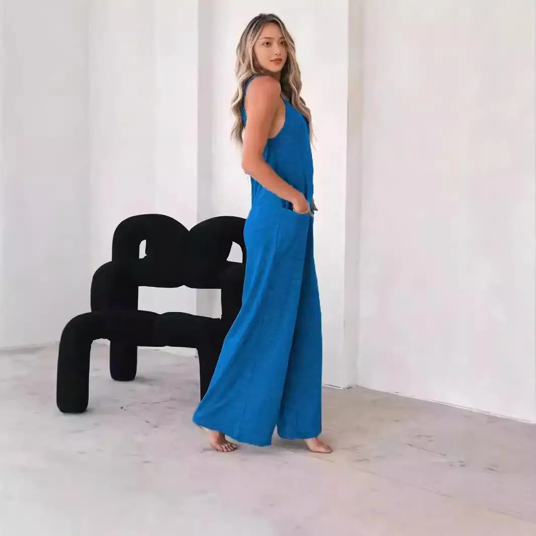 

Women's Street Sle Mid-Waist Wide Leg Jumpsuit with Susp Long Straight Leg Jumpsuit for Summer Polyester Fiber
