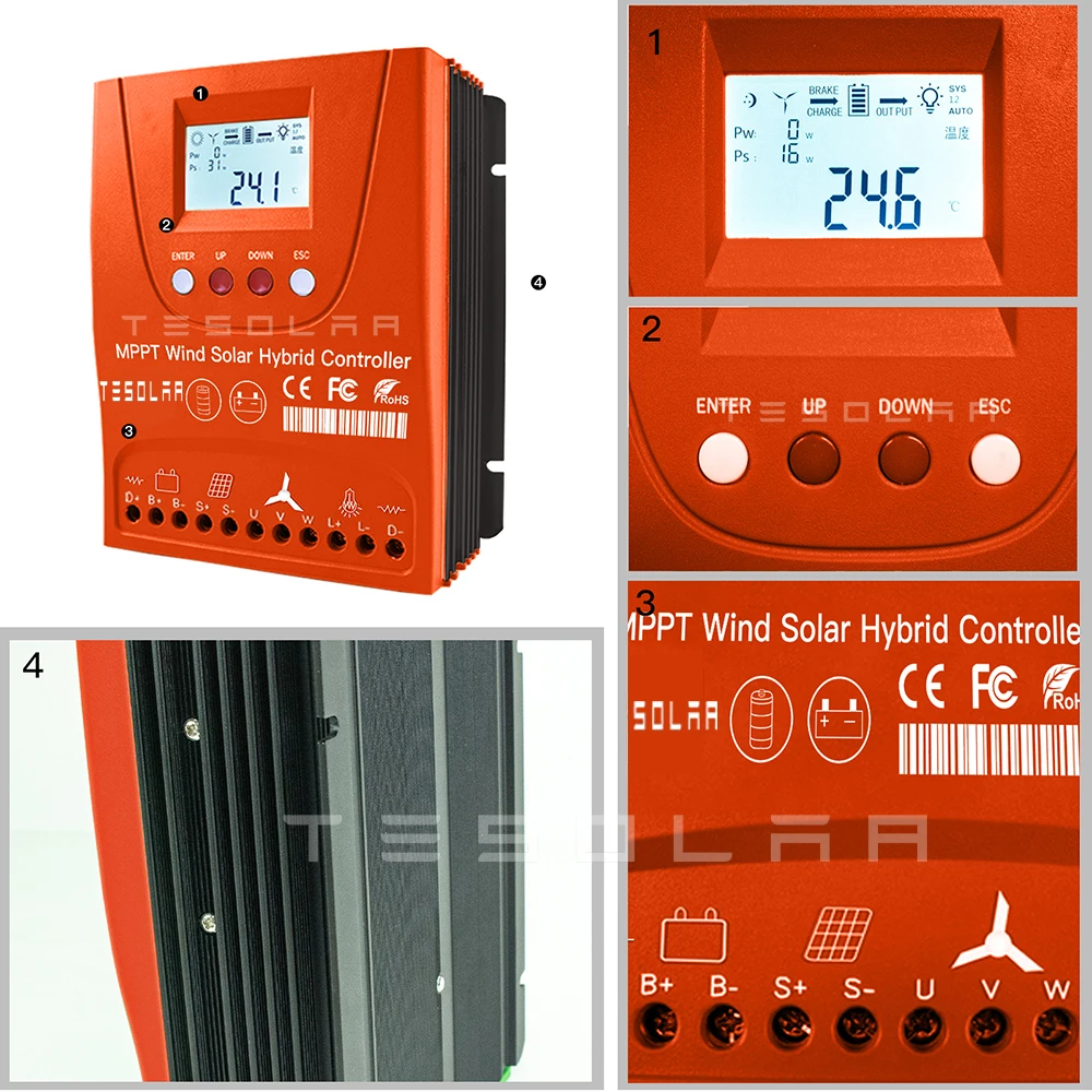 1200W-3000W Auto 12V 24V 48V MPPT Orange Wind Solar Hybrid Controller Charge Lithium & Lead Acid GEL Battery Optional Bluetooth