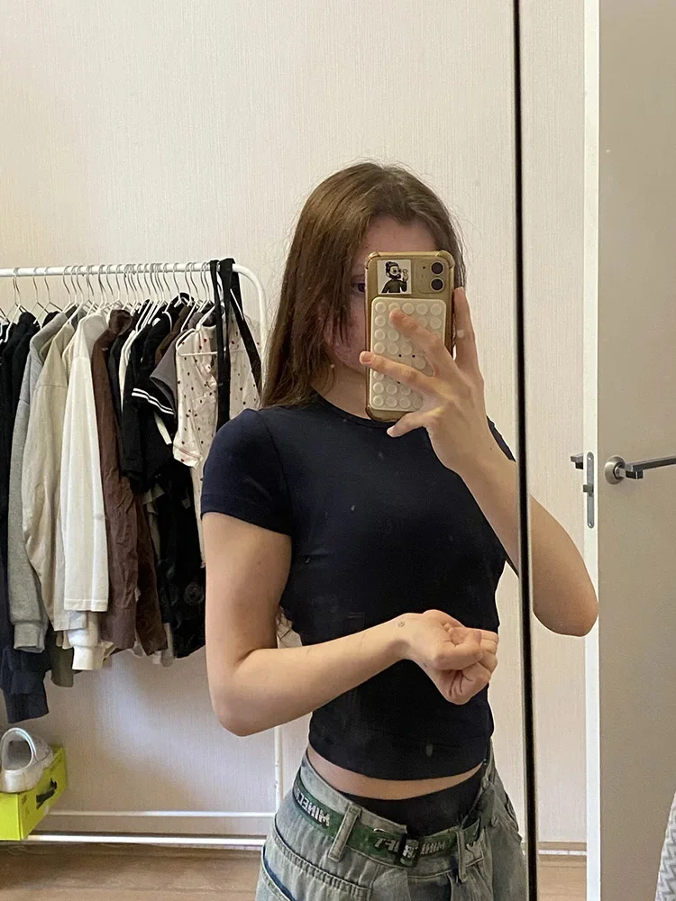 

Женский базовый однотонный укороченный топ с короткими рукавами и круглым вырезом, обтягивающая футболка, летняя повседневная уличная одежда Y2K в стиле Харадзюку