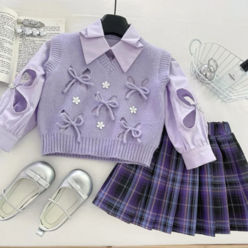 Girls' Set Autumn 2025 New Style Three piece Set with Western Style Three dimensional Bow Knitted Vest Shirt and skirt