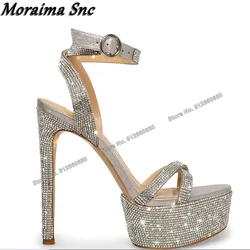 Moraima Snc Band Decor Crystal Platform Sandals Open Toe Stilettos Heels Ankle Buckle Sandals High Heels Wedding Shoes on Heel