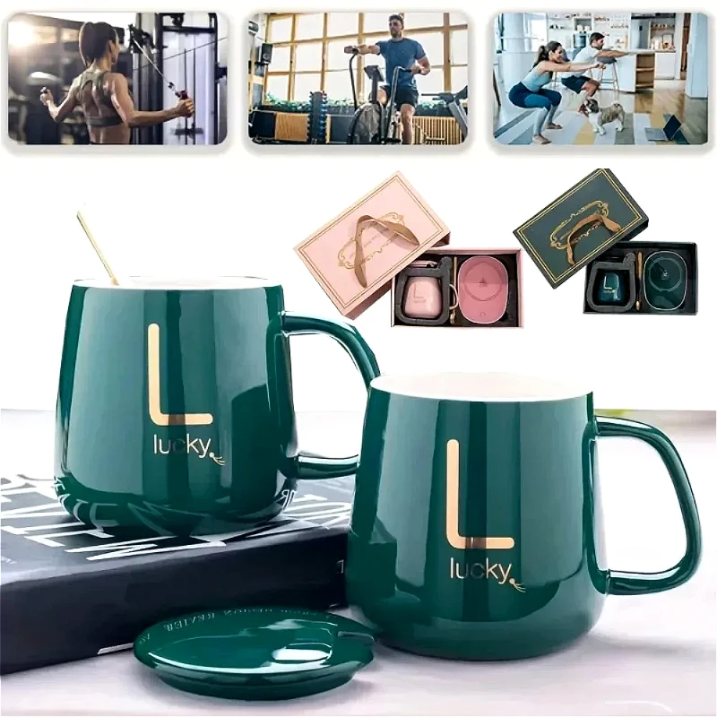 gift box ceramic cup with Spoon and Storage Bag Set Folding Spoon for Portable Meals 55 degrees Thermostat Cup