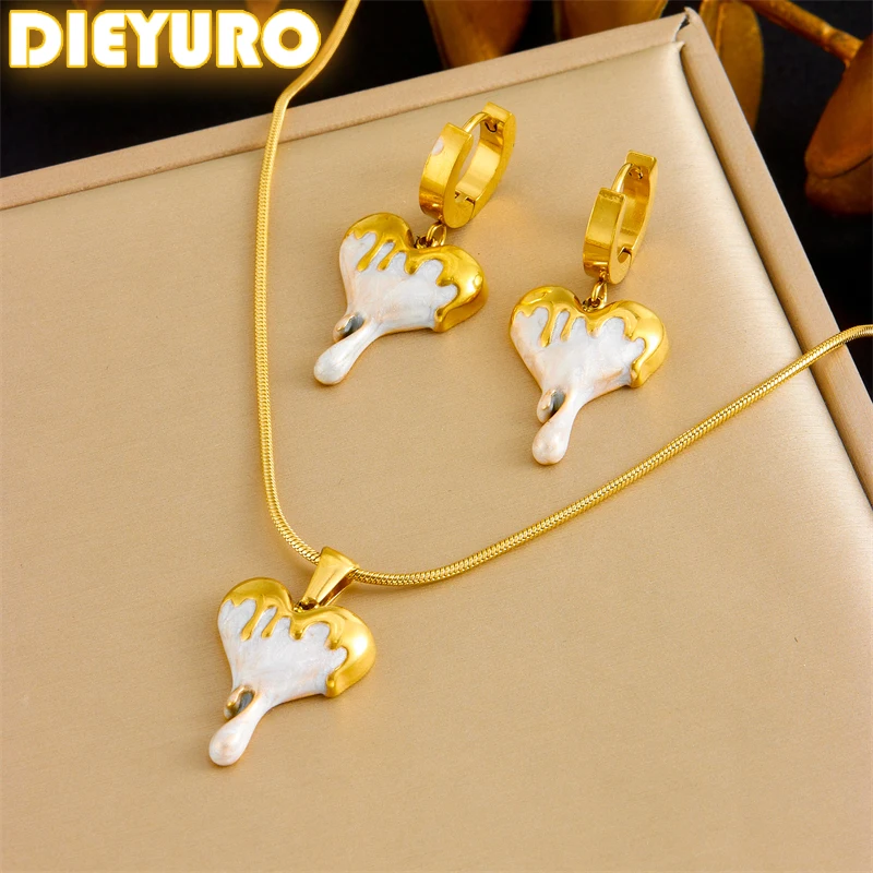 DIEYURO 316L Stainless Steel White Flowing Sand Heart Pendant Necklace Earrings Set For Women New Peach Heart Trend Jewelry Gift