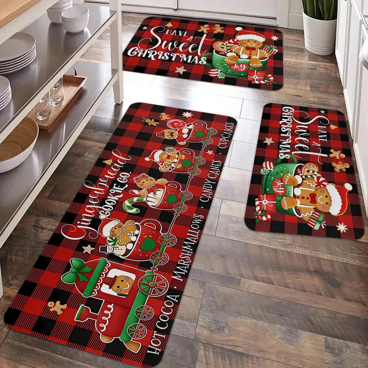 1pc Merry Christmas Kitchen Decoration Carpet Floor Mat Christmas Train Gingerbread Man Design Anti slip Soft Flannel Floor Mat