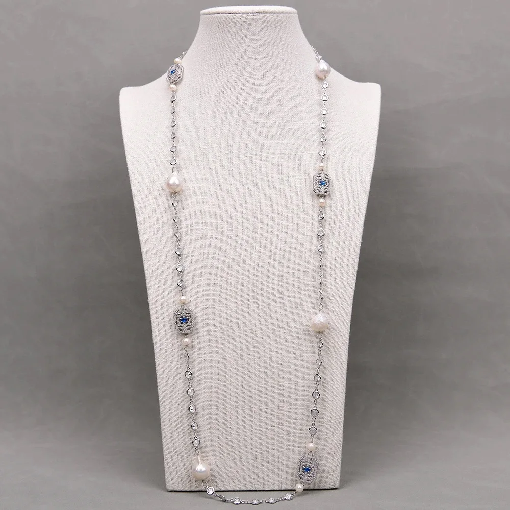 37'' Natural Cultured White Keshi Pearl Gold Plated Blue Crystal Zircon Connector CZ Chain Long Necklace