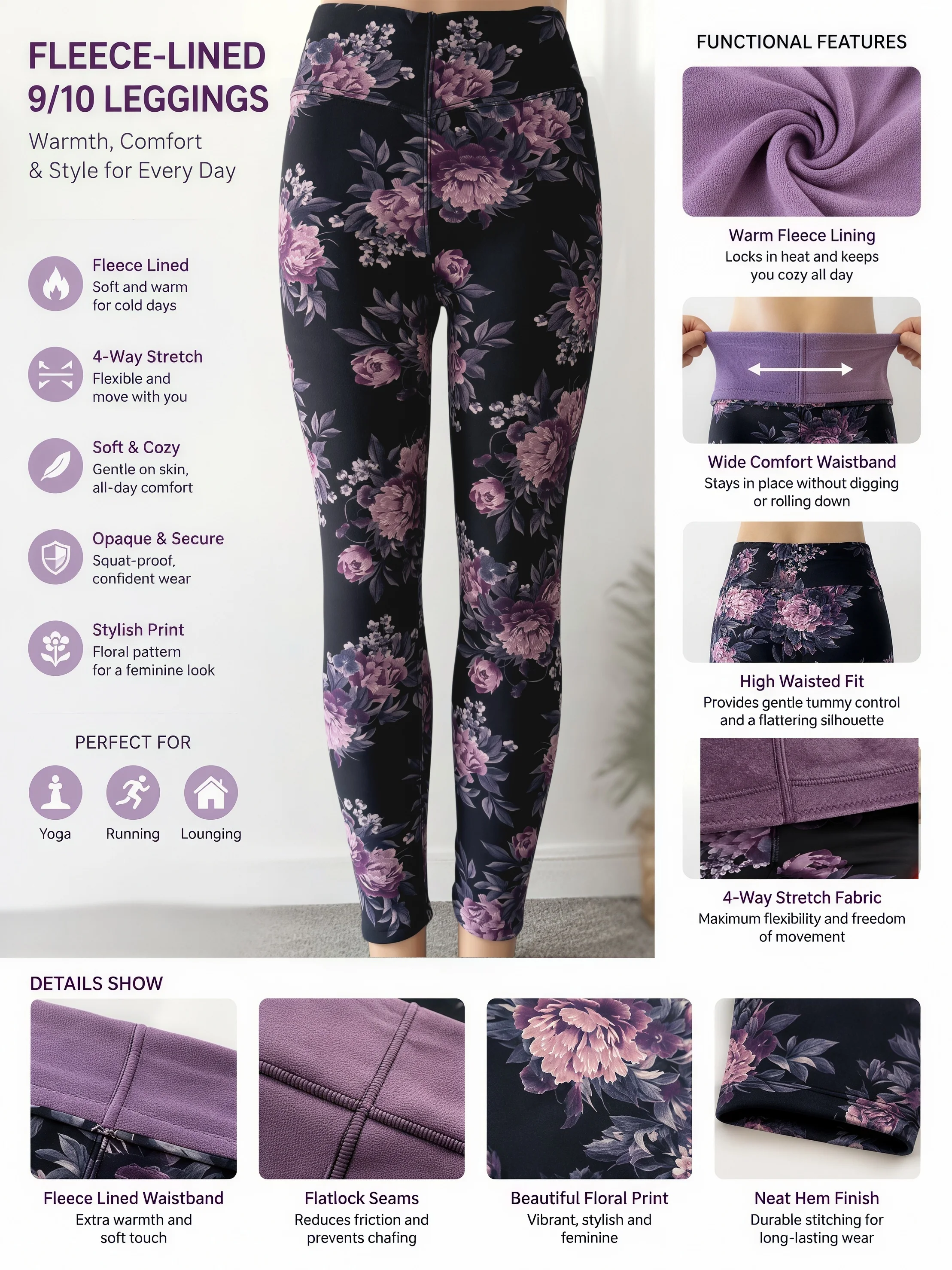 Women's Vintage Floral Printed Fleece Lined V-Waist Ankle Leggings Winter Thick Fleece Lining Heat Lock Cold Sports Pants -5℃~15 - view 4