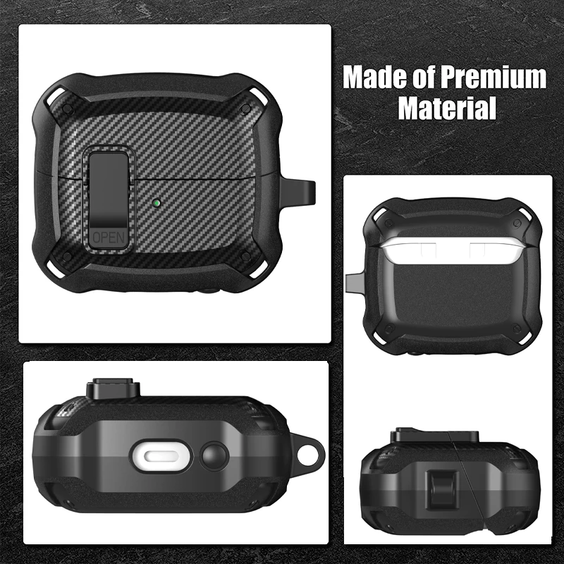 Secuer Lock Switch  Carbon fiber textured headphone case For Samsung Galaxy Buds3Pro Galaxy Buds3 headphone casewith hook