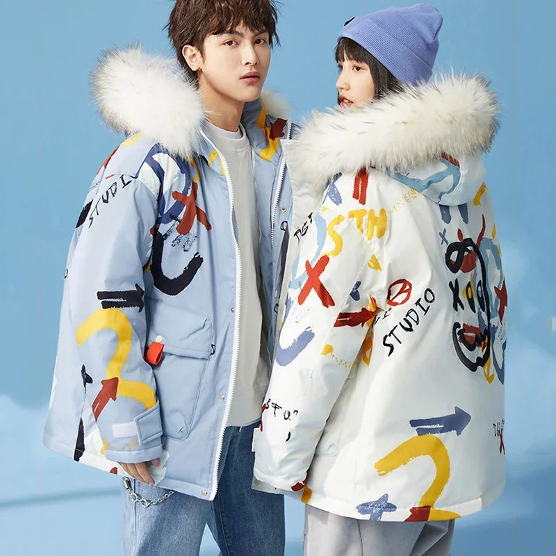 ใหม่แฟชั่นพิมพ์ลงเสื้อแจ็คเก็ตสตรี Hooded Parka Overcoat คู่สวมใส่ฤดูหนาวเย็น WARM 90% เป็ดสีขาวลงแจ็คเก็ต 100 กก.