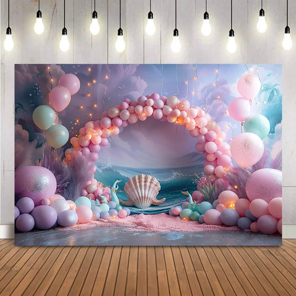 Blue Ocean Purple Balloon Photography Backdrop Cake-Smashing Children Kids Portrait Background For Photo Studio Mermaid Balloons