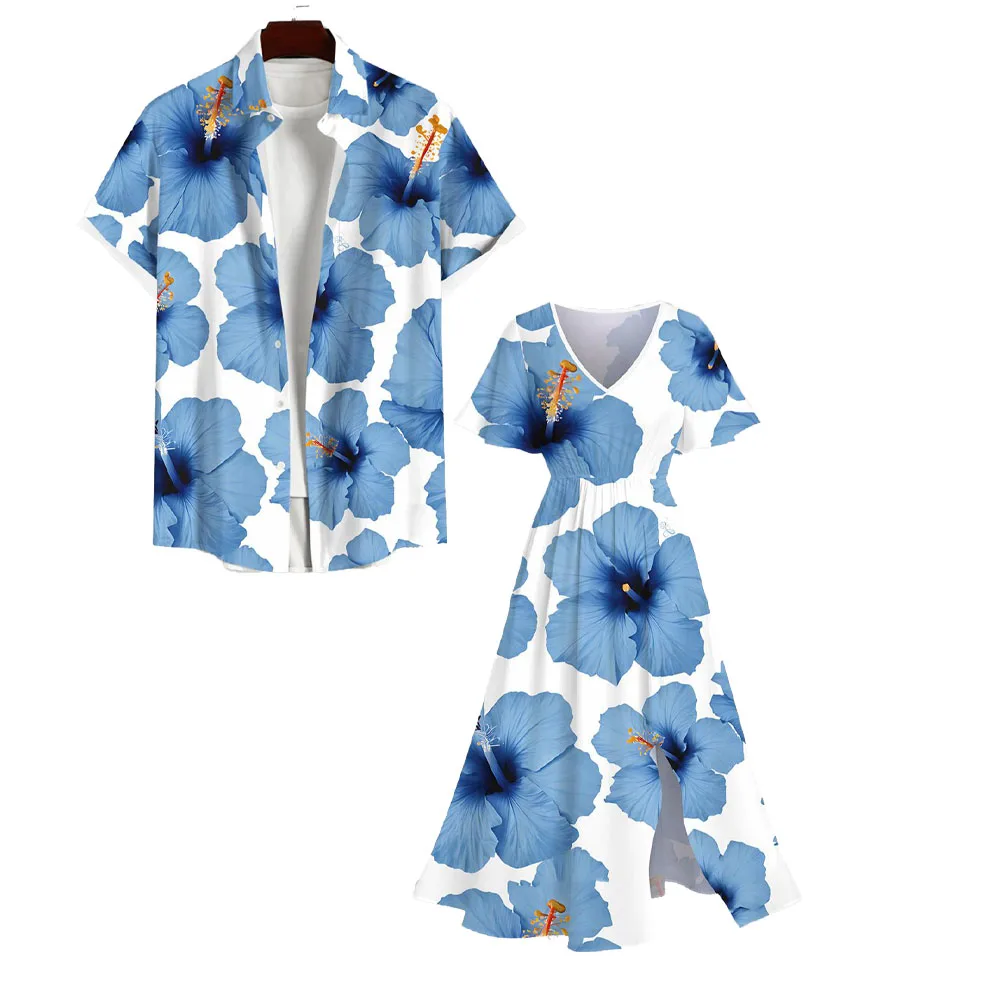 XS-3XL Plus Size Matching Hawaii Beach Outfit For Couples Flower Leaf Colorblock 3D Printed Split Dress And Buttons Men\'s Shirt