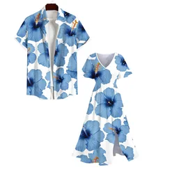 XS-3XL Plus Size Matching Hawaii Beach Outfit For Couples Flower Leaf Colorblock 3D Printed Split Dress And Buttons Men's Shirt