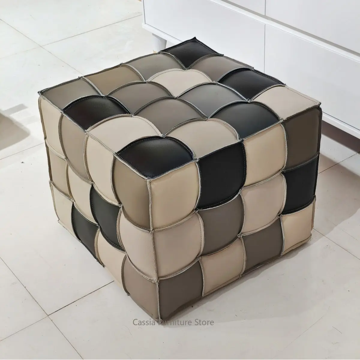 Premium Full-Grain Leather Cube Ottoman, Versatile Entryway Shoe Bench, Living Room Footrest & Accent Stool