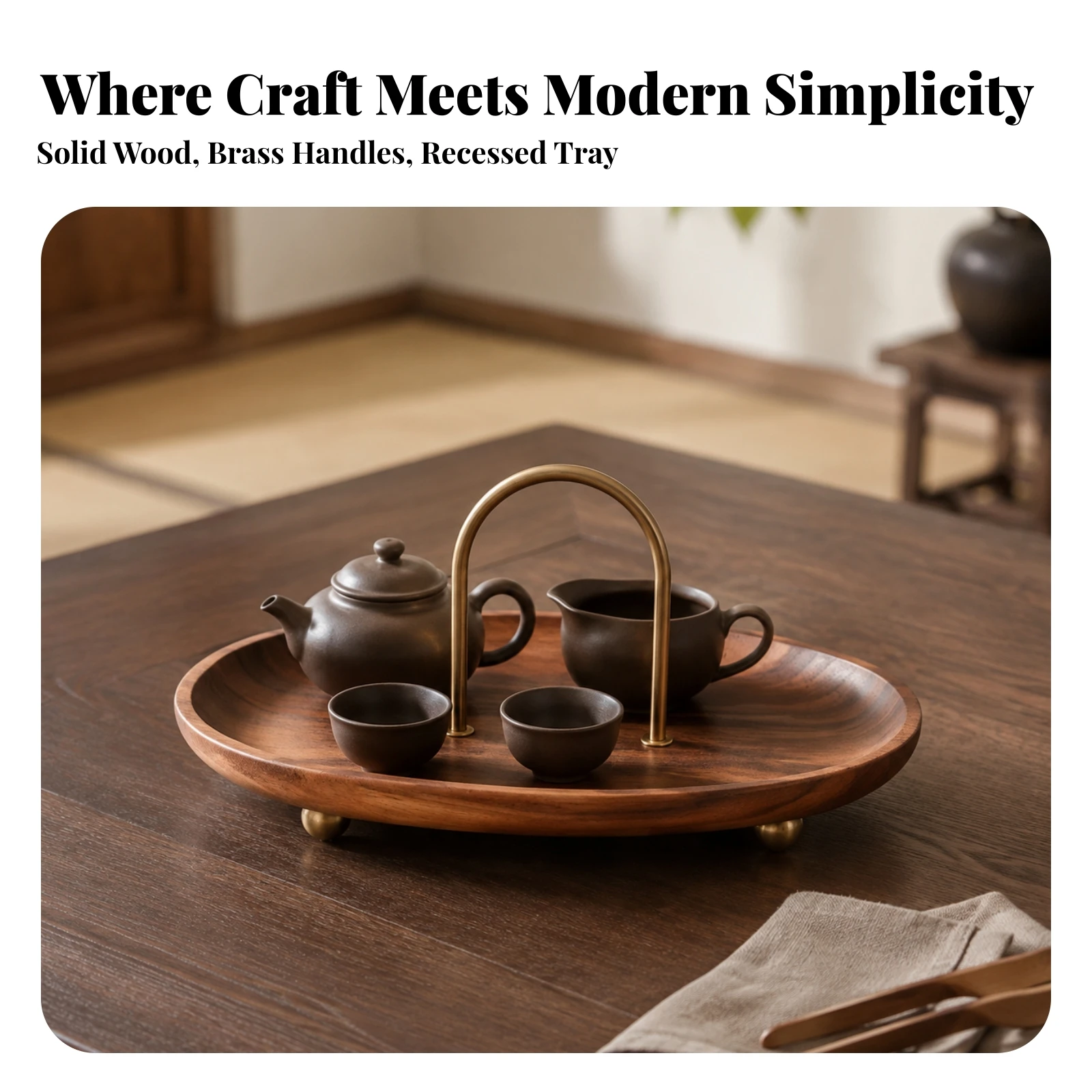 Solid Wood Oval Tray with Carrying Handle Ergonomic Wood Tray with Metal Handle and Elevated Feet Modern Easy to Clean