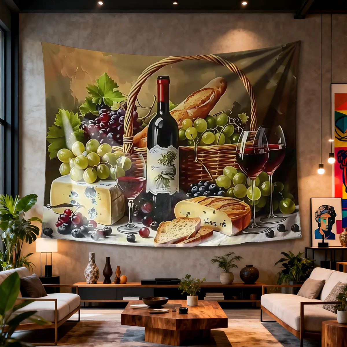 Vintage Still Life Tapestry - Red Wine Cheese and Bread Basket, Classic Oil Painting Art, Rustic Kitchen Wall Decor, Polyester