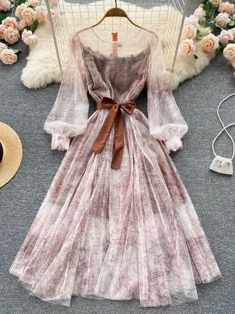 Elegant Women Mesh Dress Vintage Lantern Sleeves Printed Party Dresses Spring Summer Patchwork A Line Bandage Beach Dress